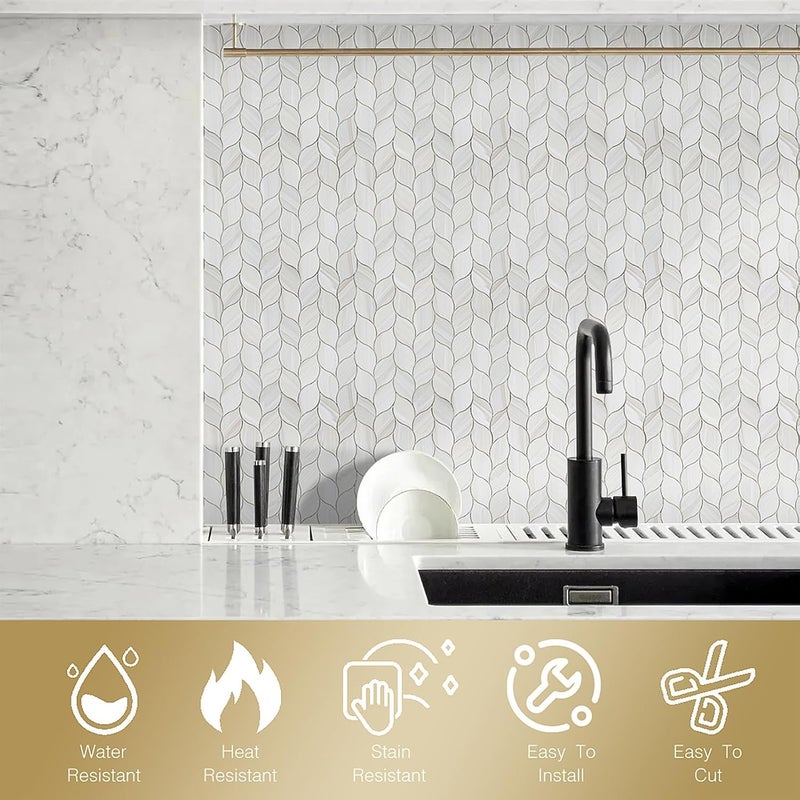 Tilingview 10-Sheet Peel and Stick Backsplash Tile for Kitchen, Self-Adhesive Mosaic Glossy Leaf Stick on Wall Tile with Gaps (Leaf Beige) - Image 3